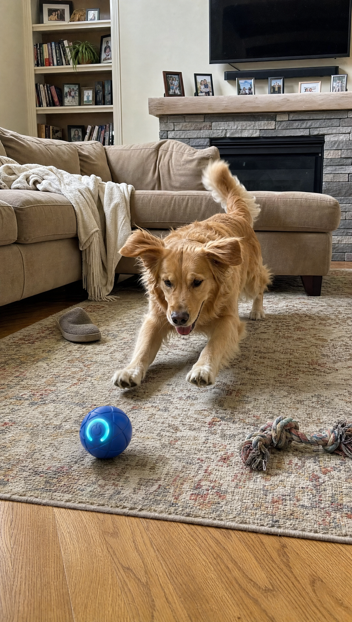 Golden retriever chasing Rolly