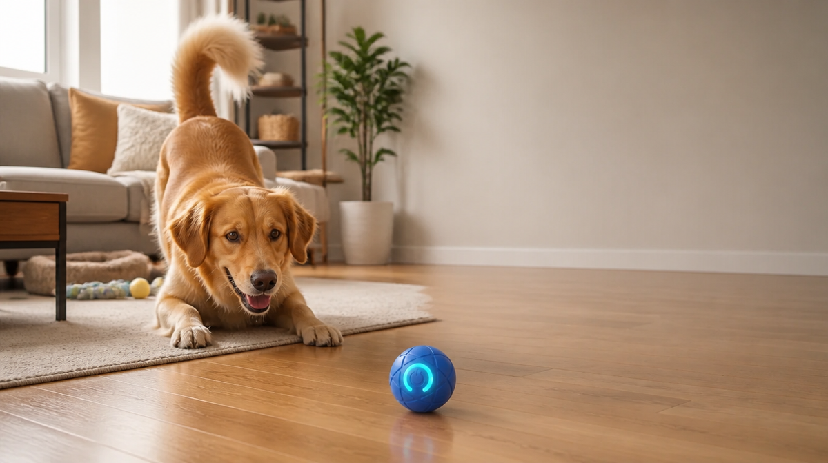 Golden retriever playing with Rolly